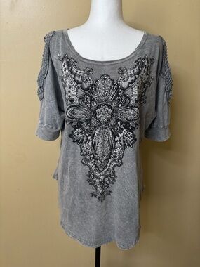 Vocal Cotton grey acid wash short-sleeve cold-shoulder top